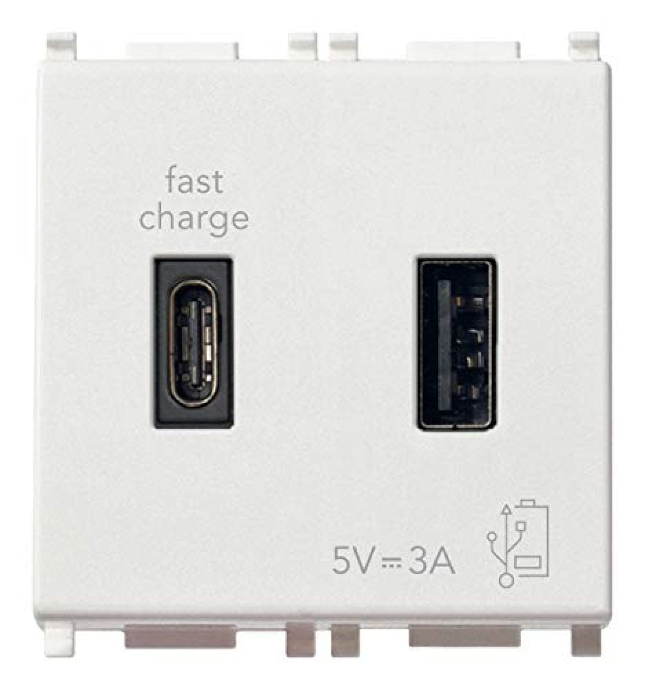 VIMAR 14295.AC USB-Netzteil 5V 3A für elektronische Geräte, 1 USB Typ A und 1 USB Typ C, Spannungsversorgung 120-240V 50/60Hz, antibakterielles Material, 2 Module, serie Plana, weiß