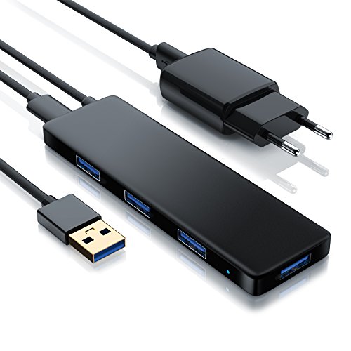 CSL - aktiver USB 3.0 Hub mit Netzteil - Ultra Slim 4-Port Verteiler - Datenhub für PC PS4 Notebook Netbook Laptop Ultrabook Tablet-PC MacBook - Bus-Powered - Blue Power LED - inkl. Netzteil
