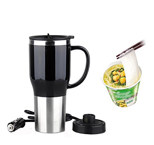 Mengshen Auto Elektrische Heizungs Tasse Car Electric Mug - Stainless steel Portable Cigarette Lighter Outdoor Students Hot Water Coffee Cup Double Layer 12 Volt 450ML 50W, CA107 Black