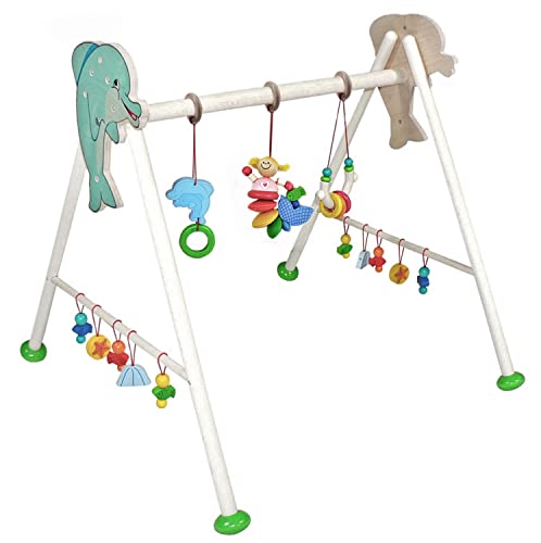 Hess Holzspielzeug 20031 - Spielgerät aus Holz, Serie Nixe, für Babys, handgefertigter Spiel-Bogen mit farbenfrohen Figuren und Rasseln, ca. 62 x 57 x 54,5 cm groß