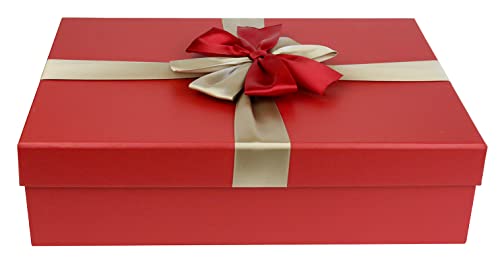 Emartbuy Starre Geschenkbox, 31,5 x 23 x 8,5 cm, rote Box mit Deckel, braune Innenseite und goldrotes Dekoband