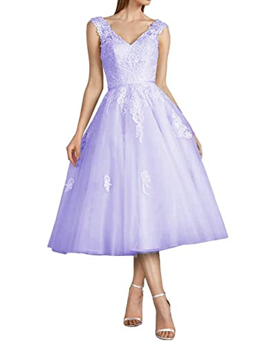 CLLA dress Damen Tüll Brautkleider Spitzen Applikationen Ballkleid Teelänge für die Braut V-Ausschnitt Abendkleider(Lavendel,44)