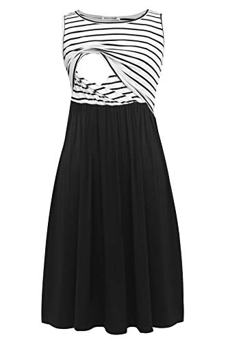 Smallshow Ärmelloses Patchwork-Umstandskleid mit Taschen für Frauen White Stripe-Black Large