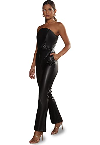 Chi Chi London Damen Bandeau-Jumpsuit aus Polyurethan in Schwarz PU-Kleid, 36