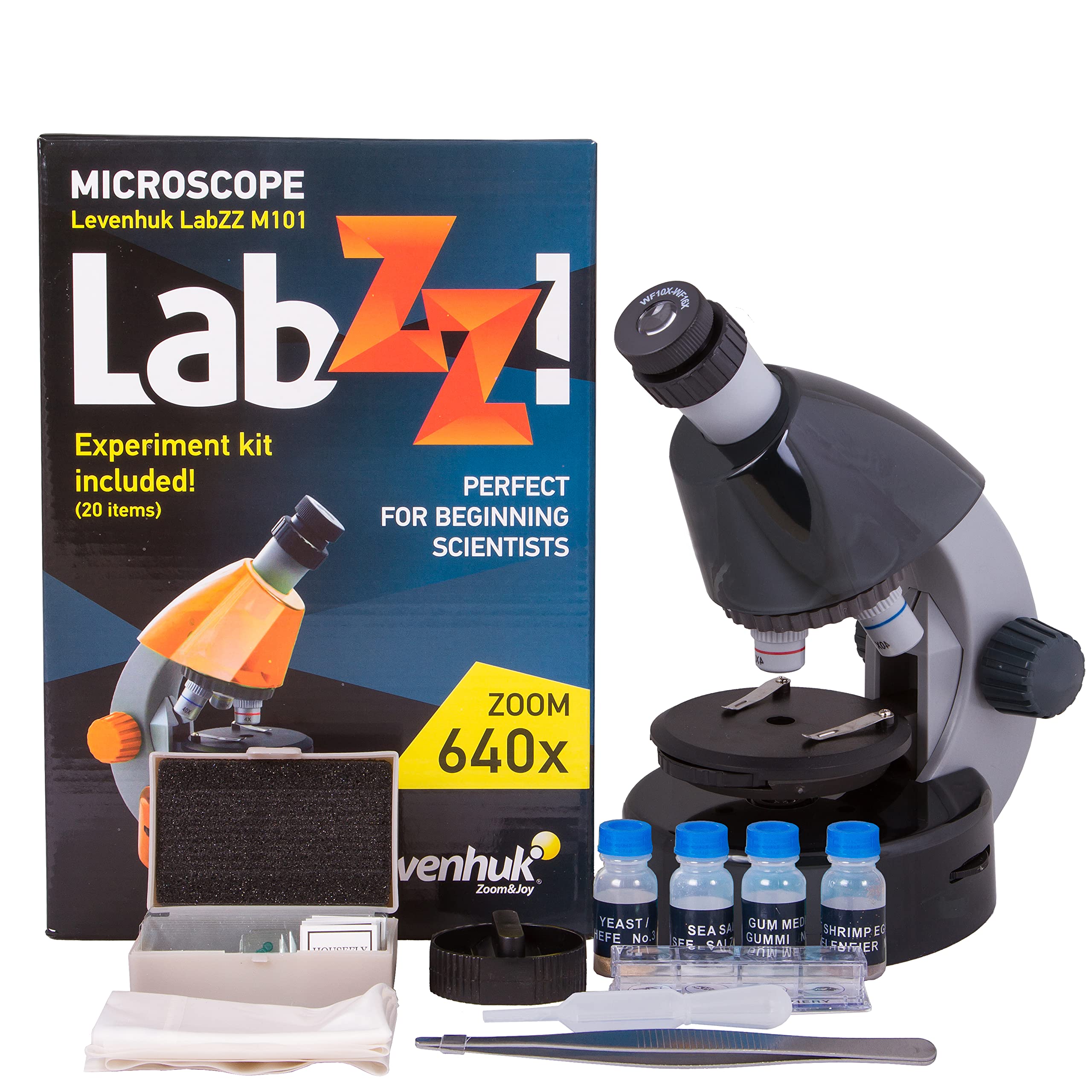Levenhuk LabZZ M101 Moonstone/Mondstein 40x-640x Einsteigermikroskop für Kinder mit pädagogischem Wissenschaftset und bunter Geschenkbox – Erhältlich in 5 Farben