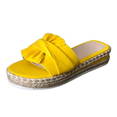 Frauen Open Toe Hausschuhe Butterfly Knot Damen Bequeme Memory Foam Dicker Boden Slip-On Flache Schuhe Sandalen(Color:Gelb,Size:7)