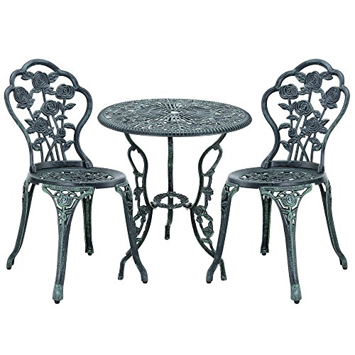 casa.pro Gartentisch Bistro-Tisch 60cm Rund Grün mit 2 Stühlen im Antik-Look für Balko Terrasse Bistro-Set Gusseisen-Metall als Gartendeko