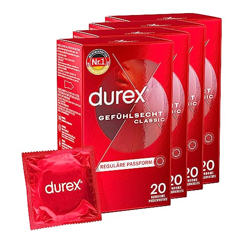 Durex Gefühlsecht Classic Kondome – 80 Hauchzarte Kondome für intensives Empfinden und innige Zweisamkeit - 4 x 20 Stück