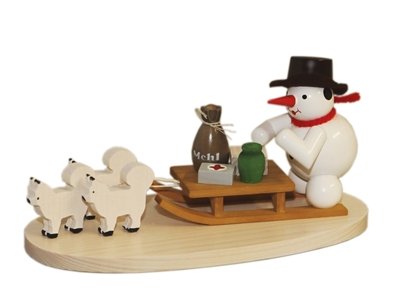 Schneemann mit Hundeschlitten Höhe ca 7,5 cm NEU Miniaturen Figuren Holz Erzgebirge