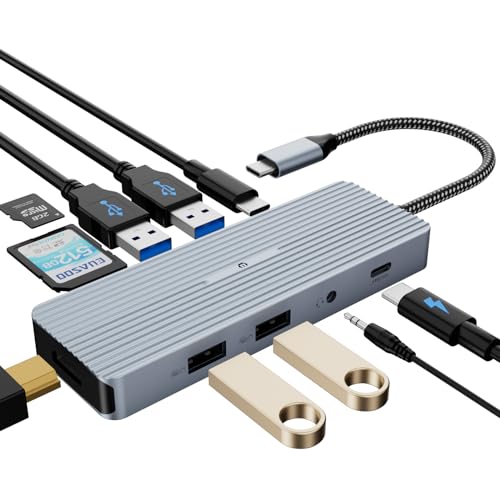 10-in-1 Typ-C-Hub-Dockingstation mit 4K HDMI, USB-C-Datenübertragungsanschluss, 2 x USB 3.0 Typ-A, 2 x USB 2.0 Typ-A, SD/TF-Kartenleser, 3,5 mm Stereo-Klinkenstecker für Mac OS und Windows