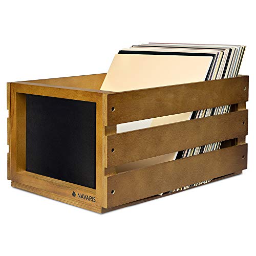 Navaris Holz Schallplatten Kiste mit Kreidetafel - 43,2 x 30,6 x 23cm - für bis zu 80 LP Platten - Vinyl Aufbewahrung Holzkiste - Dunkelbraun