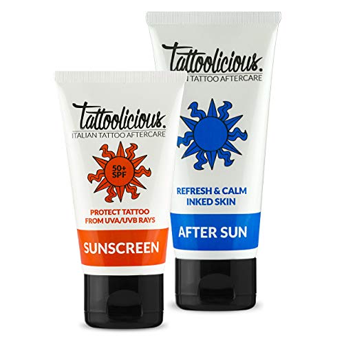 Tattoolicious COMBO SUN - SUNSCREEN 50+SPF Tattoo Sonnenschutz 75 ml + AFTER SUN Aftersun für Tätowierungen, 100 ml - Mit Anti-Fading Formel und Biologische Aktiven Inhaltsstoffen.