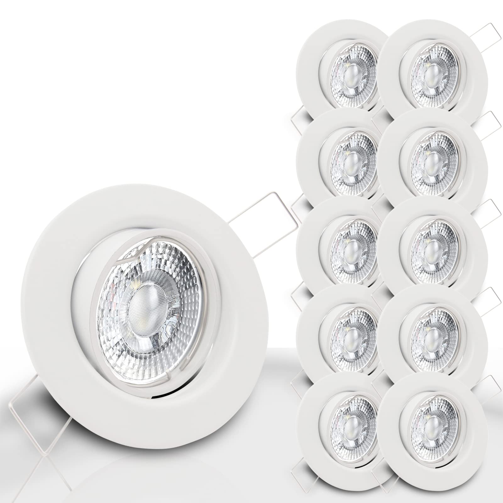 trendlights24 Decora LED Einbaustrahler 230V Weiß rund dimmbar, 10er Set Spots 7W GU10 Warmweiß, Decken Einbauleuchte 68 mm, schwenkbar