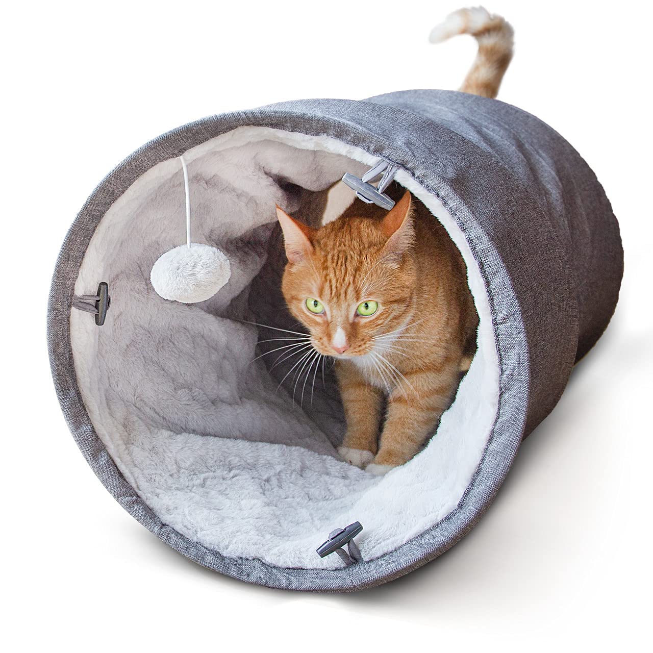 CanadianCat Company | Spieltunnel für Katzen mit Kuschelfell | grau | ca. 35 x 70 cm - Variable Form, integriertes Katzenspielzeug