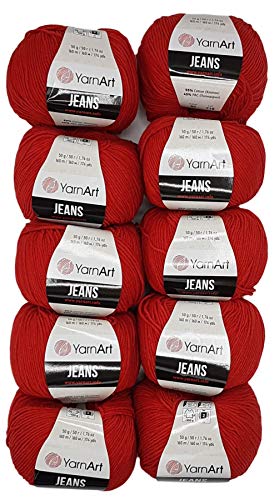 Ilkadim 10 x 50g Strickwolle YarnArt Jeans einfarbig mit 55% Baumwolle, 500 Gramm Wolle Uni (rot 90)