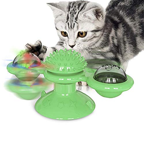 YTASA Multifunktionales Cat Turning Windmill Toy, interaktiver Plattenspieler Tickle Funny Cat Toy Scratch Haarbürste mit Saugnapfboden (Grün)