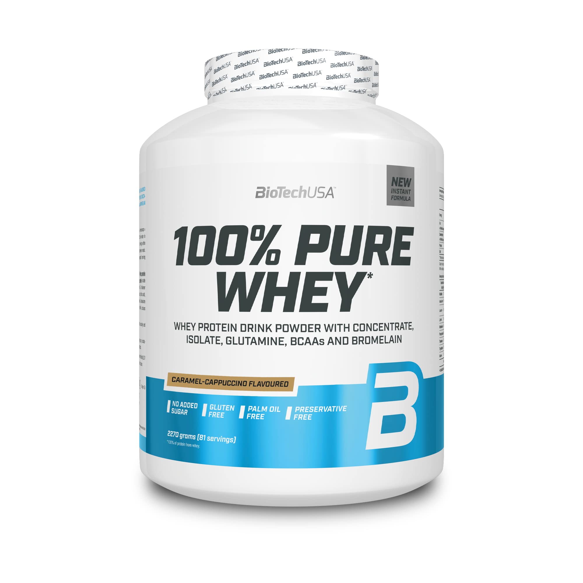 BioTechUSA 100% Pure Whey | Proteinpulver mit BCAA und Glutamin | Glutenfrei, Palmölfrei | 28g Protein pro Portion, 2.27 kg, Karamell-Cappuccino