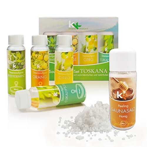 KK Sauna -Set mit Salz Peeling | KK Saunaaufgussset"Toskana" 4 x 100 ml + 200 g KK Saunasalz"Honig" | Saunakonzentrat + Sauna Peeling Salz"Honig"