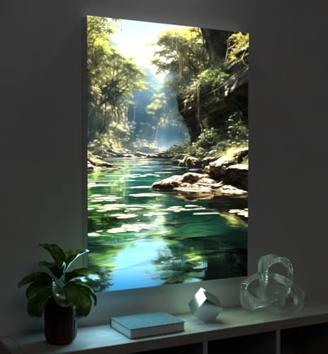 MyMaxxi - Pixlip Poster Smaragdener Teich Wandbild Design Wand Dekoration, Gemälde Mehrfarbig Leuchtrahmen - Urwald, 42x60 cm, Rahmen: nur Druck