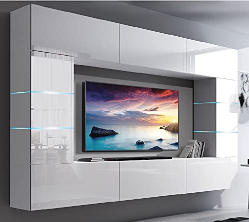 Furnitech Future C61 Wohnzimmer Wandschrank Möbel Schrankwand Hochglanz Wohnwand Mediawand mit LED Beleuchtung (LED weiß, 61/HG/W/2 1B)