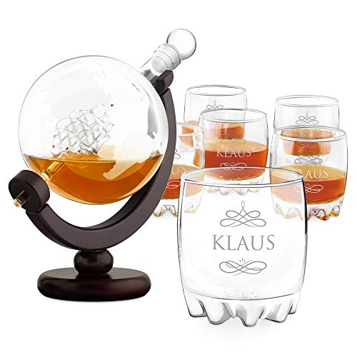 Murrano Whisky Karaffe mit Gravur - Globus mit Schiff, 850 ml - 6er Whiskygläser Set - Whisky Dekanter - Geschenk zum Geburtstag für Damen - personalisiert - Monogramm