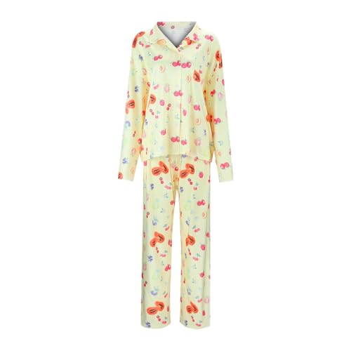 Pyjama Set Damen Schlafanzug Obst Blumen-Muster 2-Teilig Nachthemd Bequeme Hautfreundlich Nightwear Homewear (Gelb, S)