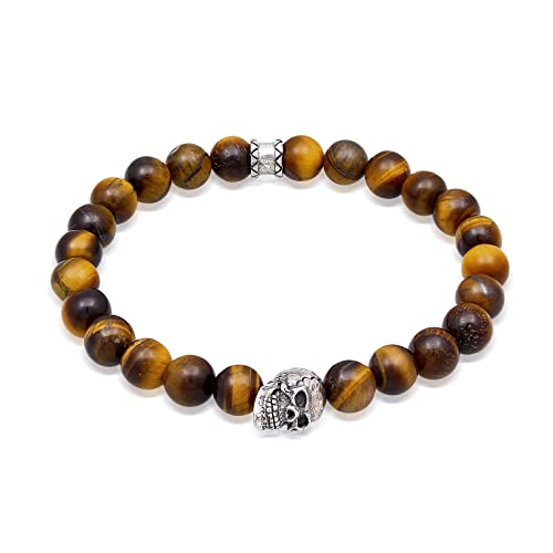 Kuzzoi Buddha Herren Armband mit Tigerauge (braun) Schmuckstein-Perlen, Totenkopf Bead aus 925 Sterling Silber, Chakra Yogaarmband, Energiearmband, Länge 21 cm