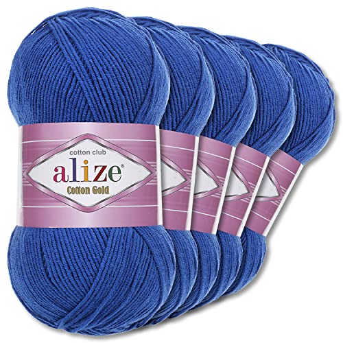Alize 5 x 100 g Cotton Gold Premium Wolle| 39 Farben Sommerwolle Garn Stricken Amigurumi (141 | Königsblau)