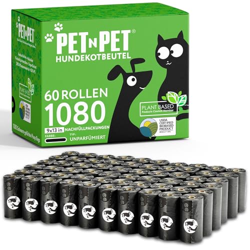 PET N PET Hundekotbeutel, 1080 Stück, 60 Nachfüllrollen, Schwarz