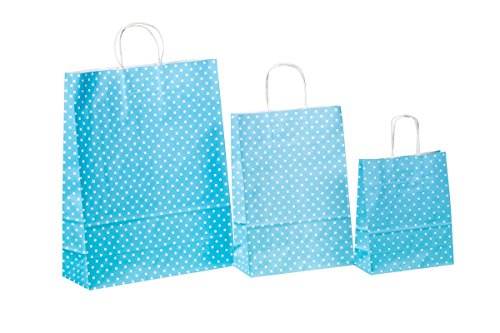 250 Kordel Papiertragetaschen Einkaufstüten aus Papier Geschenktüten mit Papierkordel Henkel Blau Hellblau mit weißen Punkten Pünktchen Polka Dots Verschiedene Größen zur Auswahl (22+11x31cm)