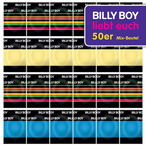 Billy Boy Kondome 50er Beutel Mix-Sortiment aus farbigen, perlgenoppten, farbig-aromatisierten und extra feuchten Kondomen