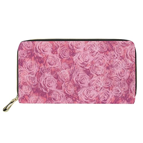 Lsjuee Pink Rose Flower Print PU-Leder Lange Geldbörse für Frauen Zipper Clutch Bag Fashion Phone Purse Valentine's Day Present