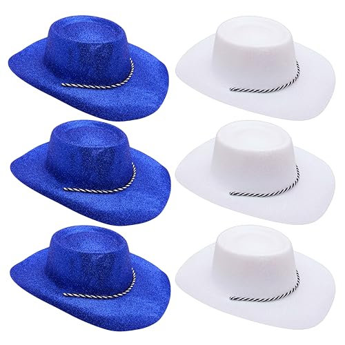 Toyland® Packung mit 6 glitzernden Griechenland-Cowboyhüten im Farbthema – 3 Blau und 3 Weiß – Größe 34 cm (13 Zoll) – Perfekt für Euro, Weltmeisterschaft und Festivals