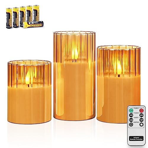 Rhytsing 3 Gold LED Kerzen im Glas mit Timerfunktion, Riffelglas Flammenlose Kerzen mit Fernbedienung und Batterien Enthalten, H 10/12,5/15cm