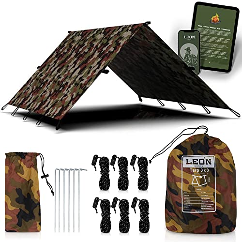 NEU: LEÓN Goods - Åsele 3x3m Tarp Camouflage! Camping Tarp leicht und Wasserdicht für Dein nächstes Survival Abenteuer oder Camping Ausflug!