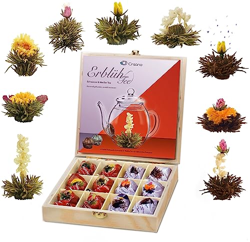 Creano Tee, 0% vol., Teeblumen in Teekiste, 9 Sorten (Weißer u. Schwarzer Tee)