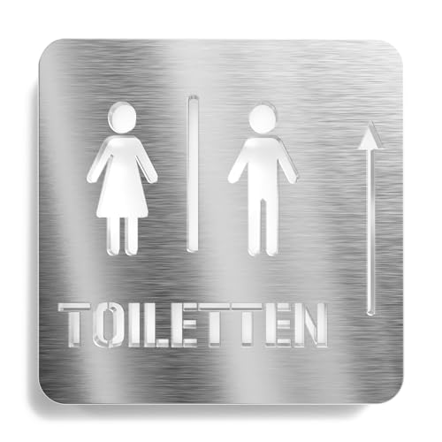 Urhome Toilette Pfeil oben Hinweisschild aus V2A Edelstahl - Laserschnitt Gravur Türschild - Schild für Wand Tür - Herren Damen Toilette WC geradeaus Infoschild für Innen Außen