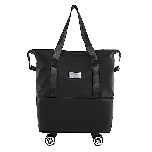 Zusammenklappbare und tragbare Gepäcktasche, erweiterbar Rolling Duffle Pack Leichte Faltbare Business-Reisetasche mit Rädern Griff Mehrere Taschen Trocken Nass (Schwarz)
