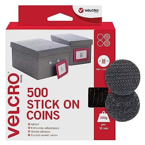 VELCRO Marke | Aufklebbare Münzen | Doppelseitige selbstklebende Klebemünzen mit Klettverschluss, perfekt für Raumdekoration und Büro, Garage | Schwarz | 16 mm x 16 mm | 500er Pack