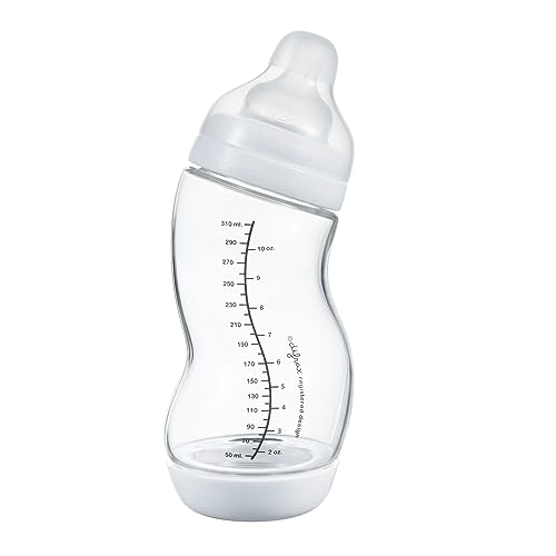 Difrax Anti-Kolik Babyflaschen Glas, Neugeborenen-Babyflasche, Babyflasche 0-6 Monate, gute Akzeptanz – 310 ml weiß