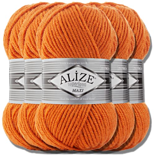Alize 5 x 100g Superlana Maxi Türkische Premium Wolle Baumwolle und Acryl Uni Handstrickgarne | Yarn | Garn | Strickgarn Einfarbig Baby zum Häkeln Stricken Kleidung Schals (Orange | 225)