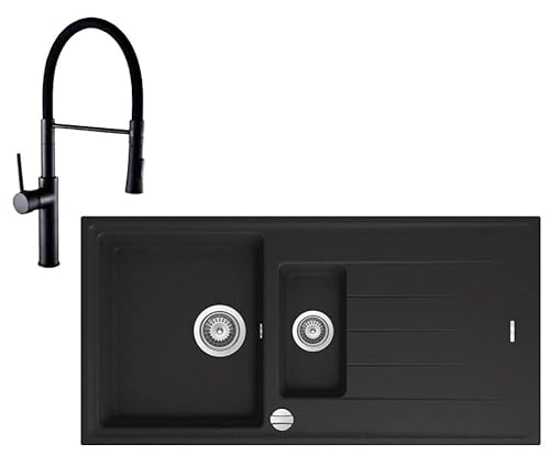 Komplett-SET schwarz Granitspüle mit Hochdruck-Armatur inkl. Anschlussgarnitur