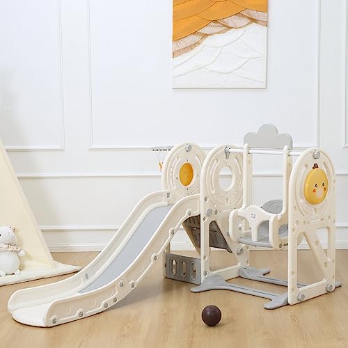 Baby Vivo Kinder Rutsche Kinder Rutsche Gartenrutsche Kleinkinderrutsche mit Basketballkorb und Ball Kunststoff Quacki abgerundete Ecken & Kanten für Indoor & Outdoor in Weiß/Beige