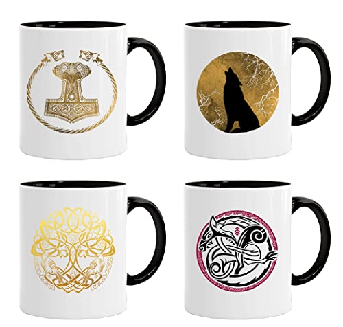 Viking 4er Pack Becher Set 02| Kaffee Tee Tasse zum Frühstück / Geburtstag Geschenke für Papa / Onkel / Mama