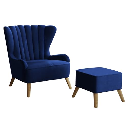 GREKPOL Muschel Sessel Perle moderner Sessel für Wohnzimmer skandinavischer Stil Ohrensessel Gepolsterter Sessel mit Muschel-Rückenlehne Armlehnstuhl mit Holzfüßen (Monolith 77 Blau)