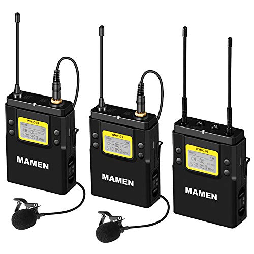 Indovis WMIC-01 K2 (1-2) Professionelles UHF-Drahtlos-DUAL-Lavaliermikrofon-System für DSLR-Kameras Smartphones | 2 Mikrofone - 2 Sender - 1 Empfänger | 100 Meter Reichweite
