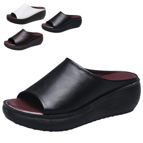 heofonm Orthopedic Sandals 2024 Summer Comfortable Orthotic Leather Wedges Slides Dressy Platform Heel Arch Support Slip Sandals (Black,8)