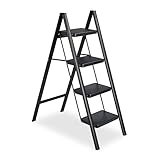 Relaxdays Trittleiter klappbar, 4 Stufen, leichte Treppenleiter Stahl, Leiter bis 120 kg, HxBxT 109 x 42 x 84cm, schwarz