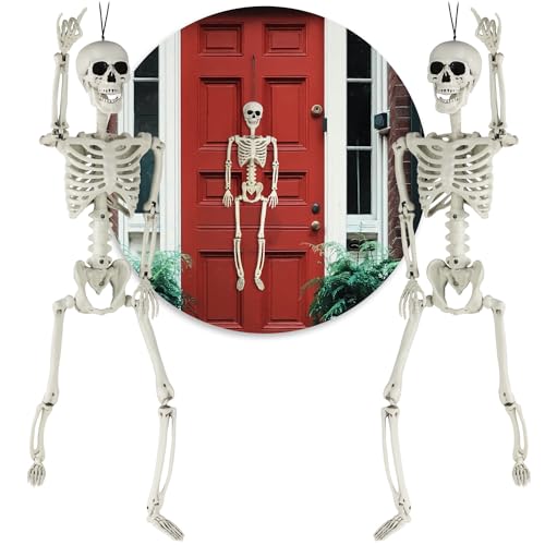 COM-FOUR® 2X Deko Skelett für Halloween - XXL-Skelett aus Kunststoff zum Aufhängen und Aufstellen - Skelett mit beweglichen Gelenken - hoher Grusel-Faktor für Halloween (XXL - 2 Skelett - 90cm)