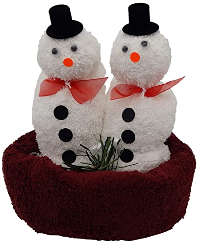 Frotteebox Geschenk Set Schneemann Paar weiß/rot in Handarbeit geformt aus 1x Handtuch rot und 2X Waschhandschuh weiß